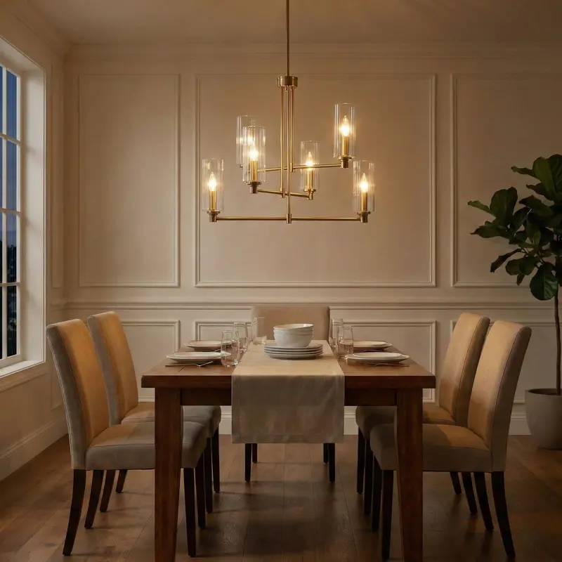 Timeless Six-Light Chandelier – Antique Brass Frame with Clear Ribbed Satin Shades