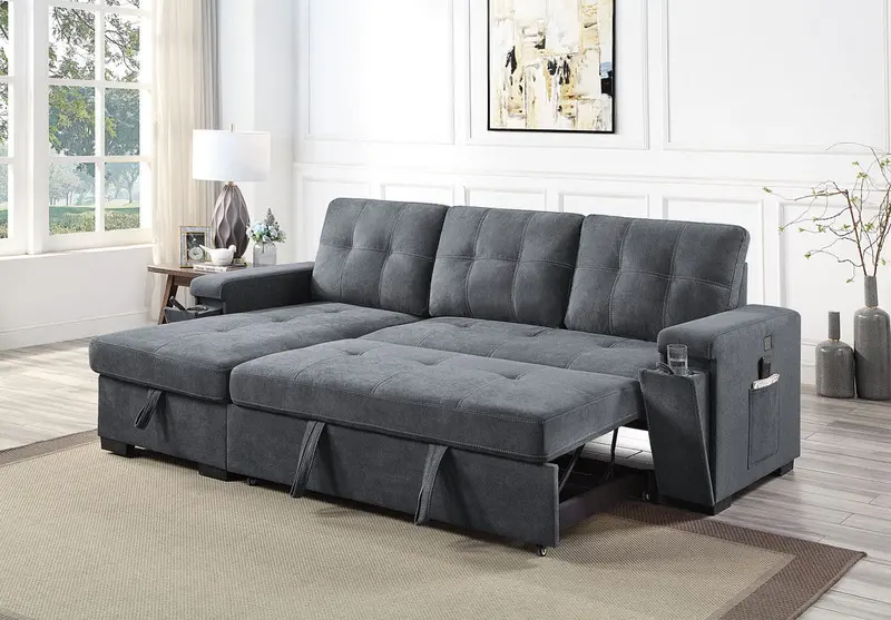 Toby Woven-Fabric Sleeper Sectional with Charging Ports, Cup Holders, and Hidden Pockets