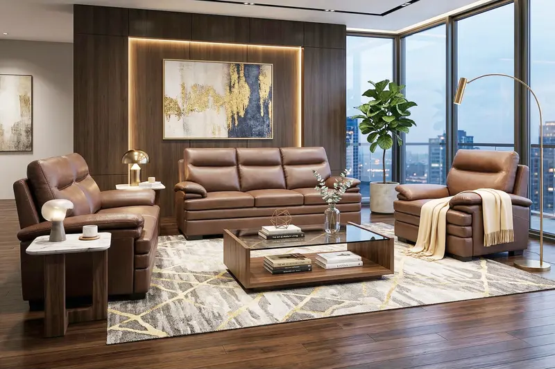 Top-Grain Brown Leather Living Room Set: Sofa, Loveseat, and Accent Chair