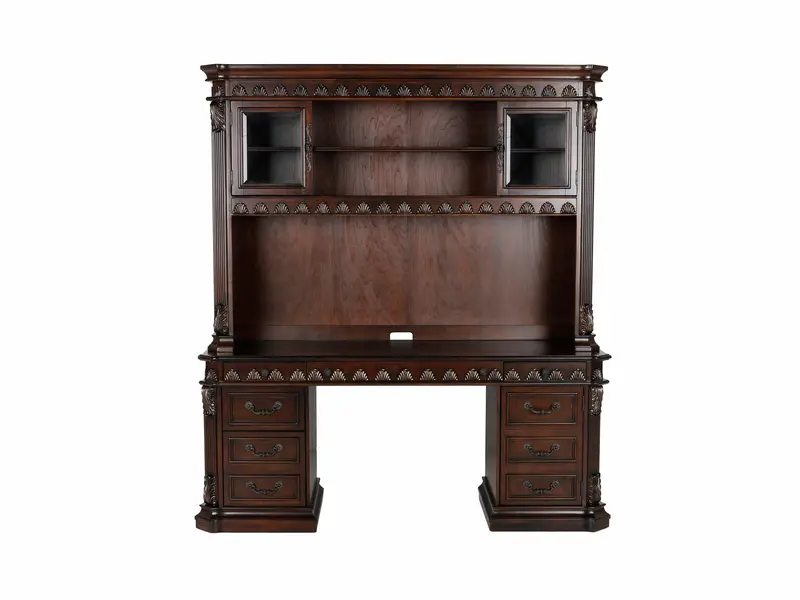 Traditional Dark Brown Executive Desk with Hutch and Glass-Front Storage
