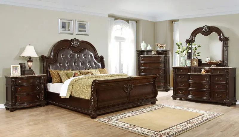 Traditional Dark Cherry Bedroom Collection with Tufted PU Headboard and Marble-Inspired Tops