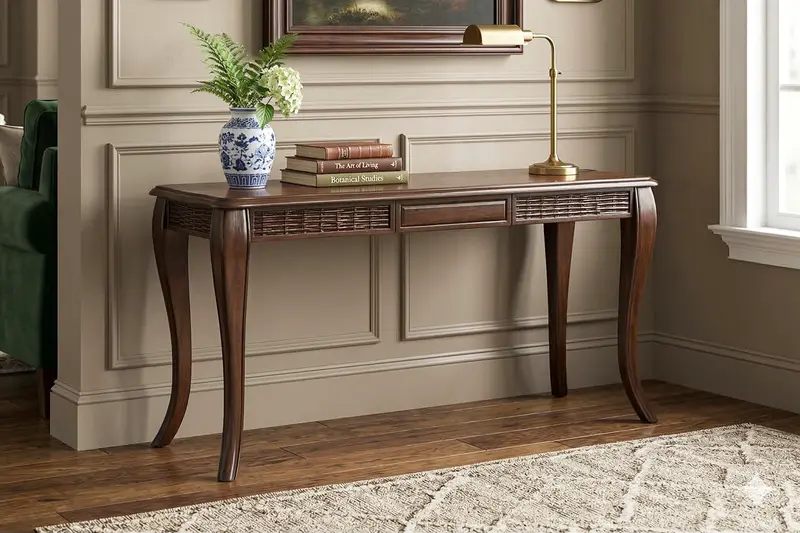 Traditional Dark Wood Sofa Table with Elegant Curved Legs and Display Surface