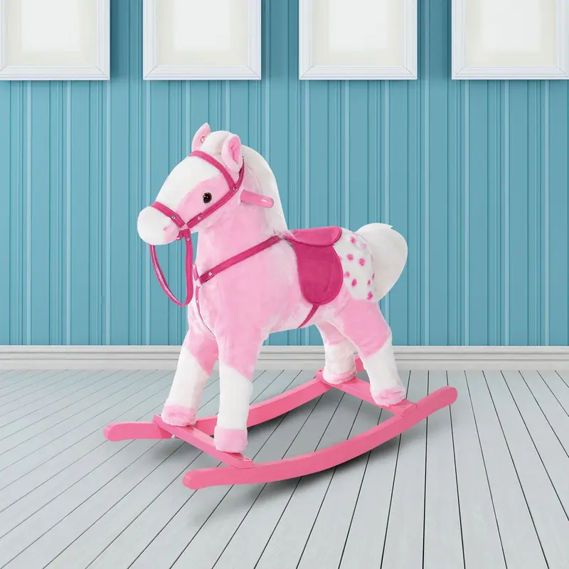 Traditional Plush Rocking Horse Toy for Kids – Pink, with Sound & Handle Grip