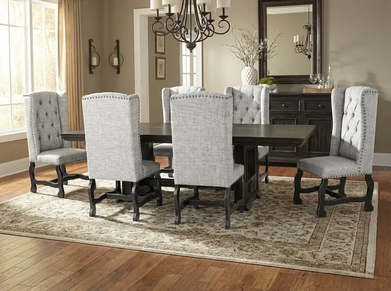 Traditional Solid Wood Dining Table Set with Light Gray Tufted Nailhead Chairs