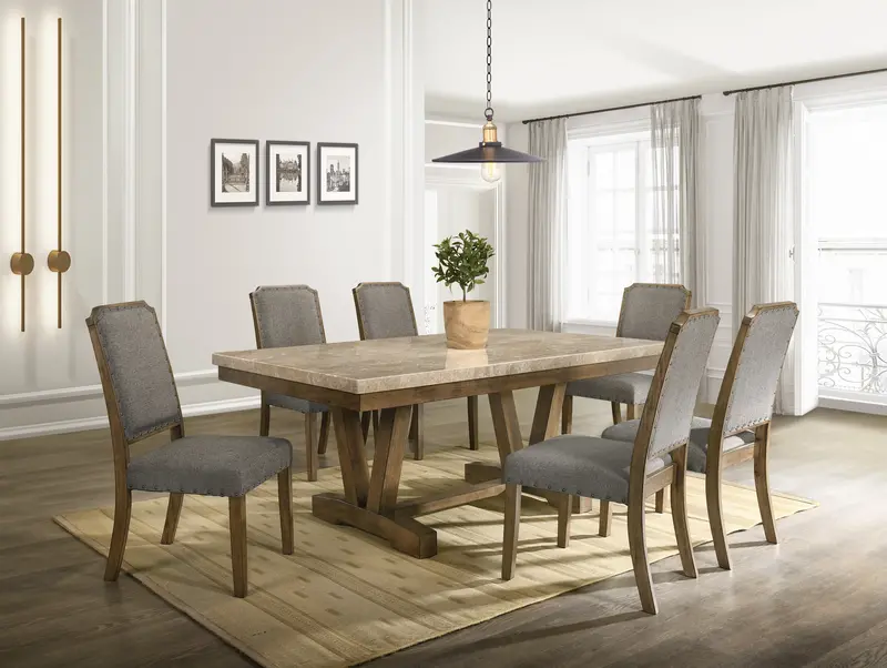 Transitional 7-Piece Dining Set in Antique Dark Oak with Golden Flower Marble Table Top