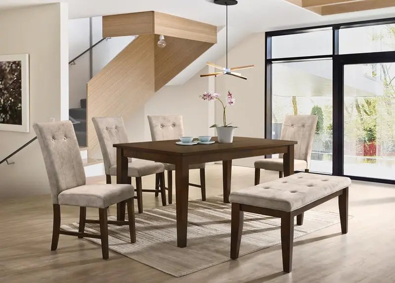 Transitional Cherry Dining Set – 67-Inch Table with Tufted Beige Chairs and Matching Bench