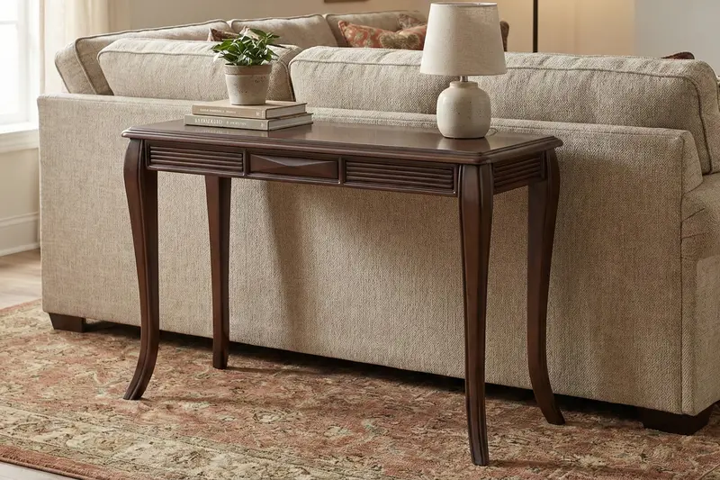 Transitional Dark Brown Sofa Table with Inlaid Top Design, Fluted Apron, and Sculpted Curved Legs