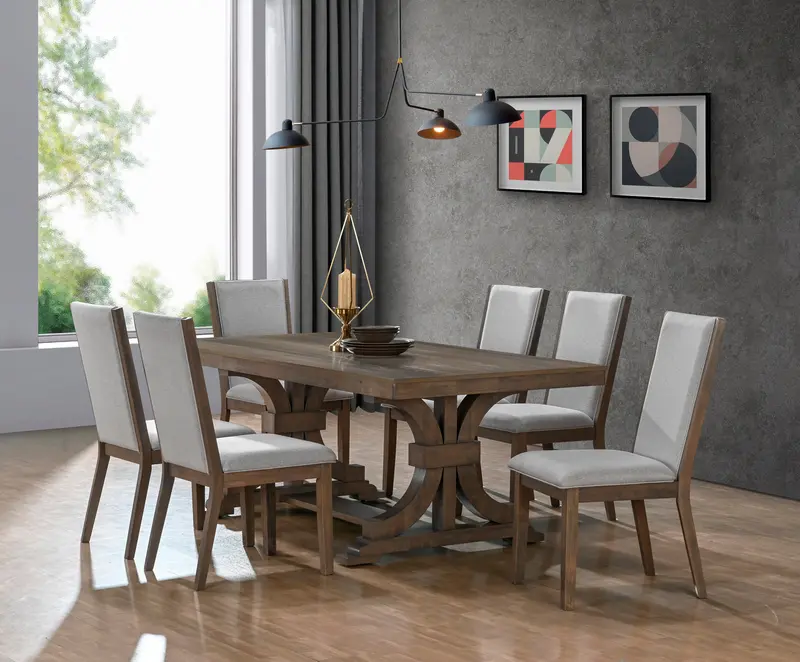 Transitional Gray Double Pedestal Dining Set – Trestle Table with 6 Bone-Tone Upholstered Chairs
