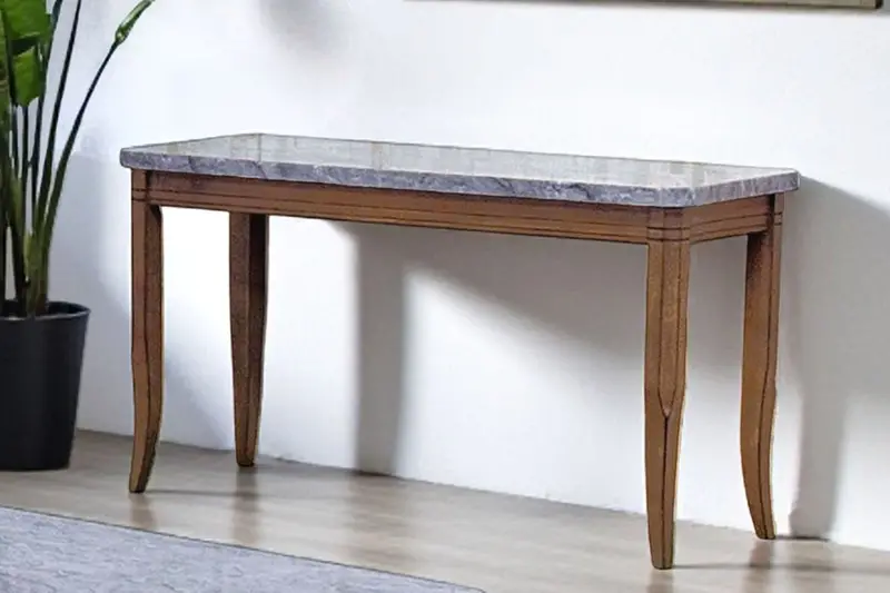 Transitional Sofa Table with Gray Faux-Marble Top and Warm Brown Wood Base