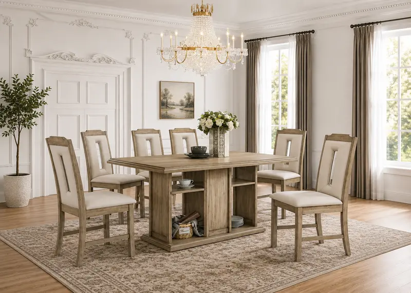 Transitional White Oak 7-Piece Dining Set with Storage Base and Beige Upholstered Chairs