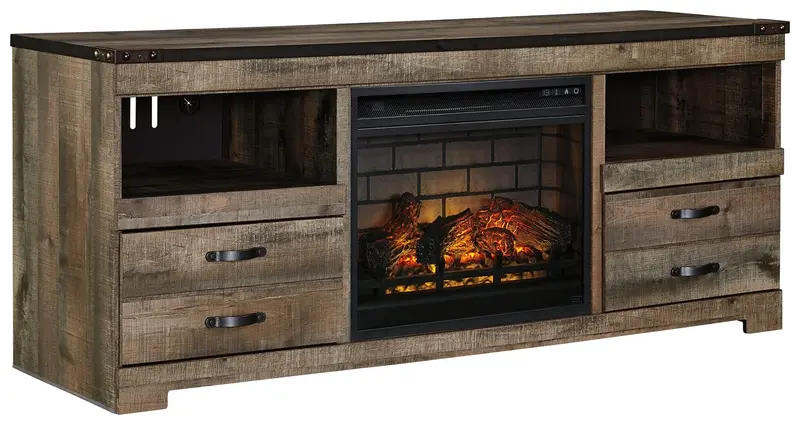 Trinell 63-Inch Brown TV Stand with Glass-and-Stone Fireplace Insert
