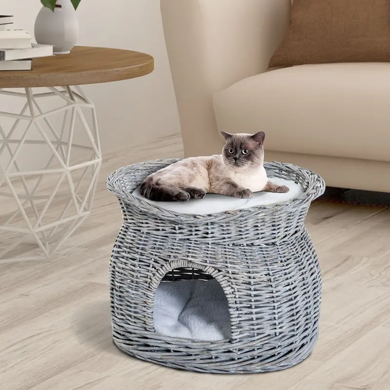 Two-Tier Elevated Cat Bed Basket – Grey Chenille with Removable Cushion