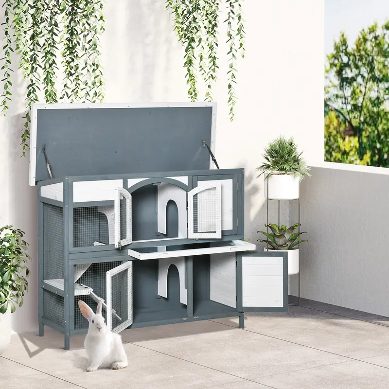 Two-Tier Wooden Hutch for Rabbits & Guinea Pigs – PawHut Outdoor Pet Enclosure with Lift-Top Roof
