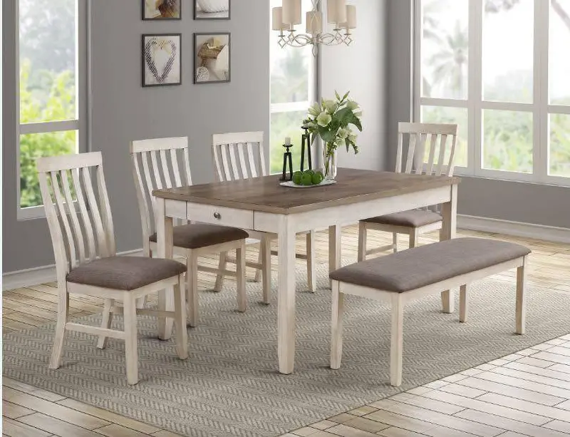 Two-Tone 6-Piece Dining Set with Bench and Fabric-Chair Accents