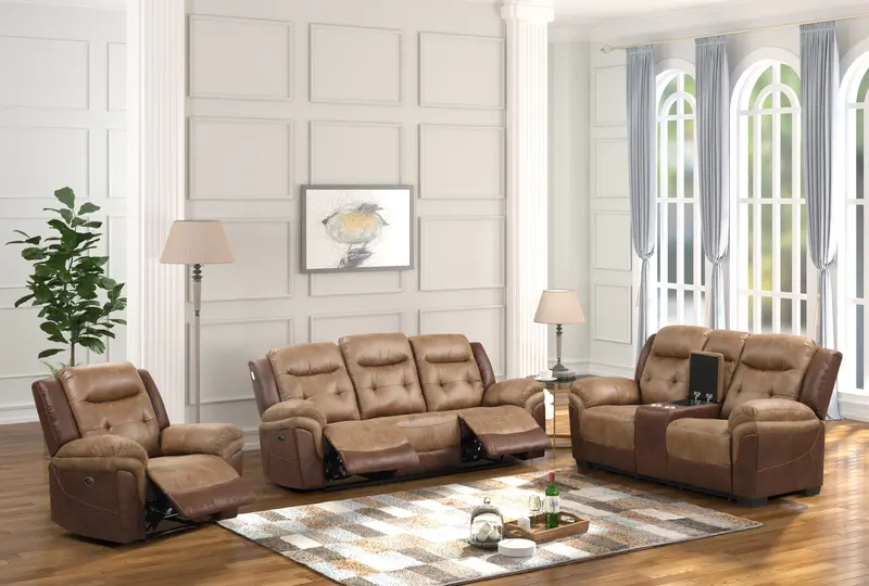 Two-Tone Brown Power-Reclining Living Room Collection with Console Loveseat
