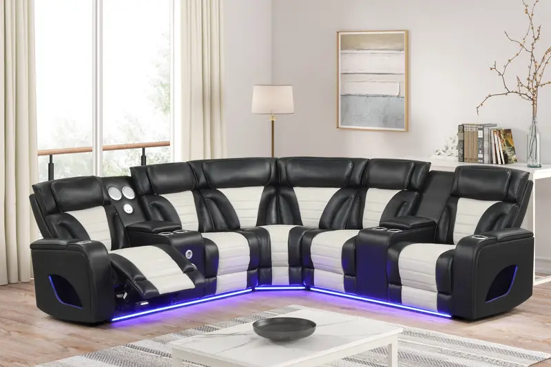 Two-Tone Curved Power Reclining Sectional Sofa with Built-In LED Lights, Cup Holders, USB Ports, and Speakers