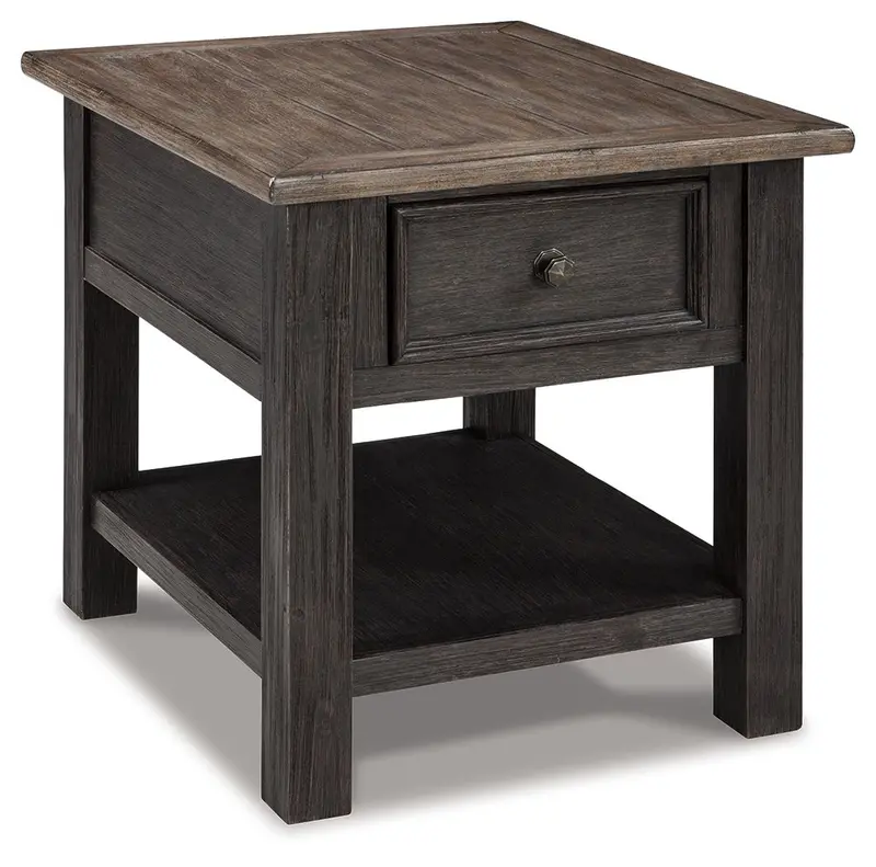 Tyler Creek Grayish-Brown-and-Black End Table – Industrial-Chic Side Table with Shelf