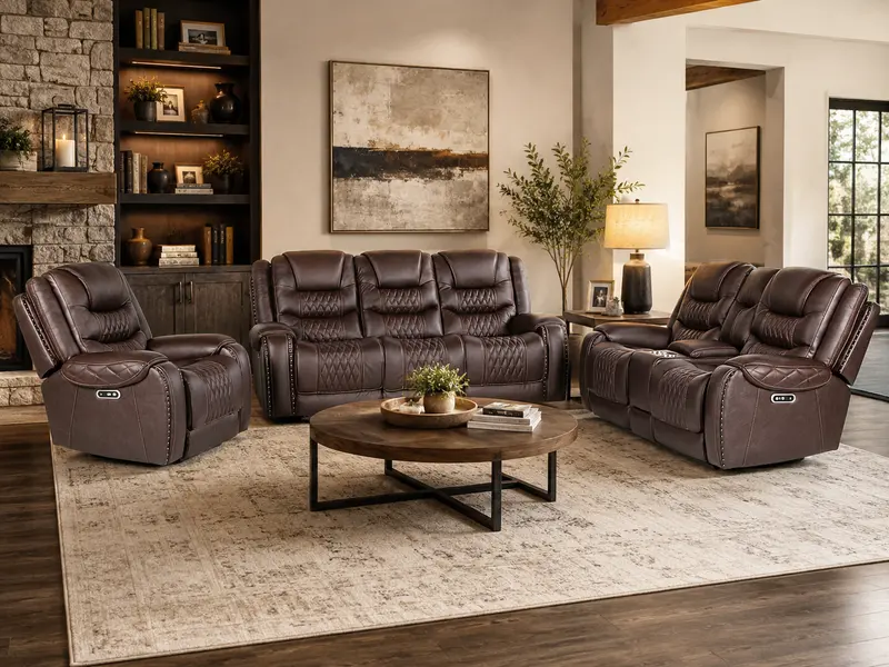 Umber Top Grain Leather 3-Piece Dual Power Reclining Living Room Set with USB and Wireless Charging