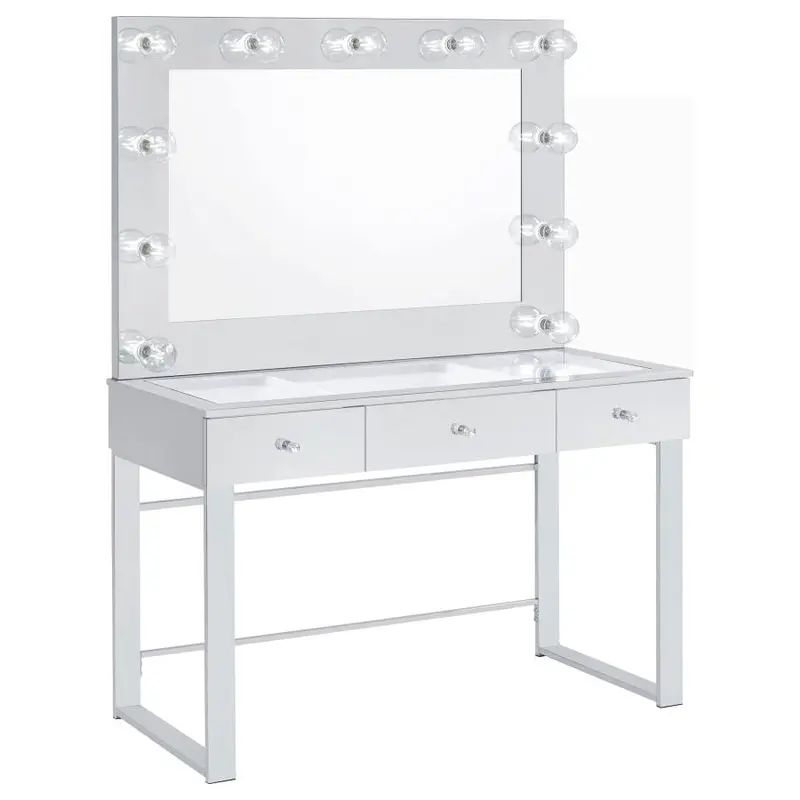 Umbridge Chrome-and-White Vanity Desk with Three Drawers and Built-in Lights
