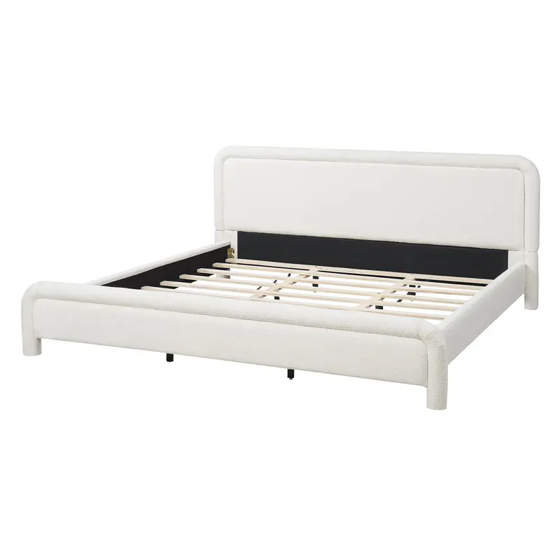Upholstered Platform Bed Frame with Curved Headboard & Solid Wood Slats