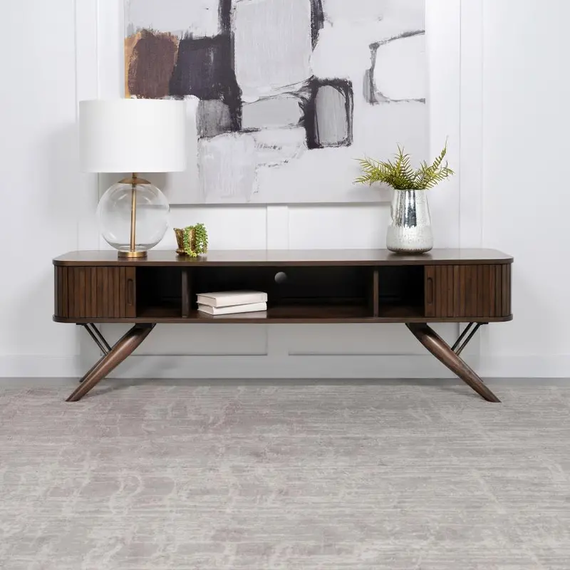 Valna Walnut-Finished TV Stand with Sliding Cabinet Doors