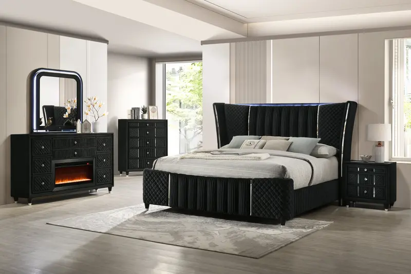 Velvet Black Glam 6-Piece LED Bedroom Set with Fireplace Dresser and Mirror