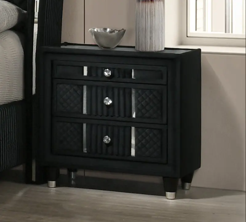 Velvet Black Glam Nightstand with Corduroy Detailing