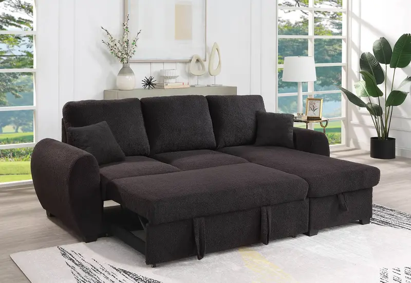 Veronica Reversible Sleeper Sectional Sofa with Storage Chaise – Black Fabric