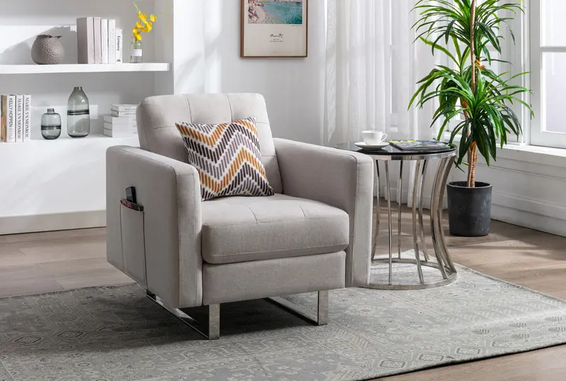 Victoria Fabric Armchair – Stylish Single-Seat with Metal Frame, Side Storage Pockets, and Coordinating Pillow