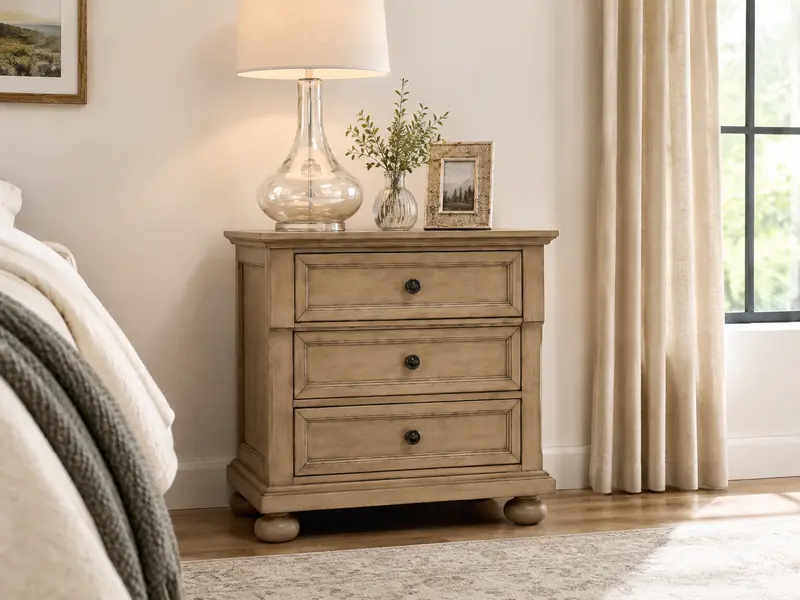 Vintage Oak Nightstand with Three Drawers and Integrated USB Charging Port