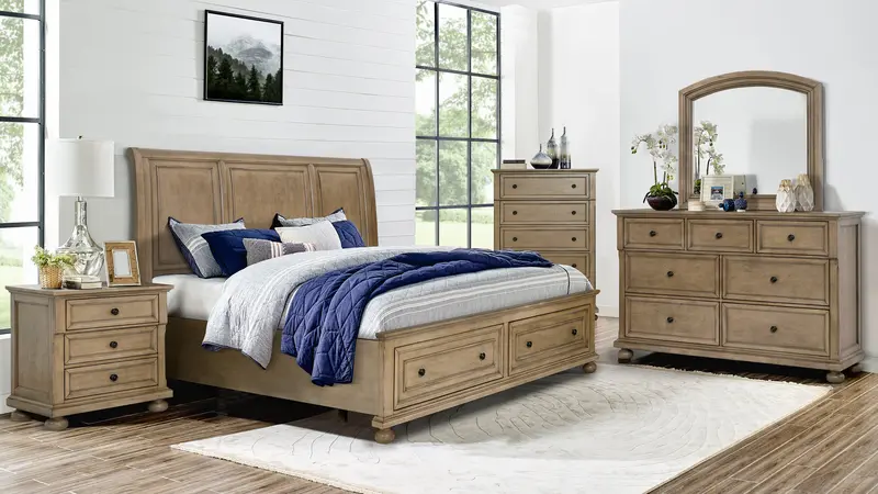 Vintage Oak Transitional Farmhouse Bedroom Set with Storage Footboard (King or Queen Size)