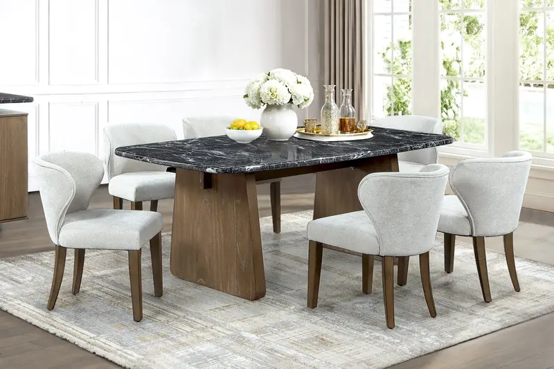 Walnut Brown & Black Marble-Look 7-Piece Dining Room Ensemble – Modern Formal Set