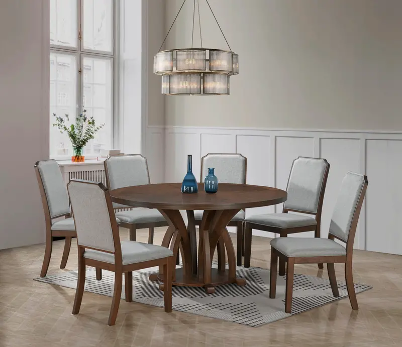 Walnut-Finished Round Dining Set – 7-Piece with Upholstered Chairs