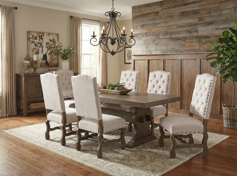 Warm Brown and Ivory Trestle Dining Set with 6 Tufted High-Back Chairs