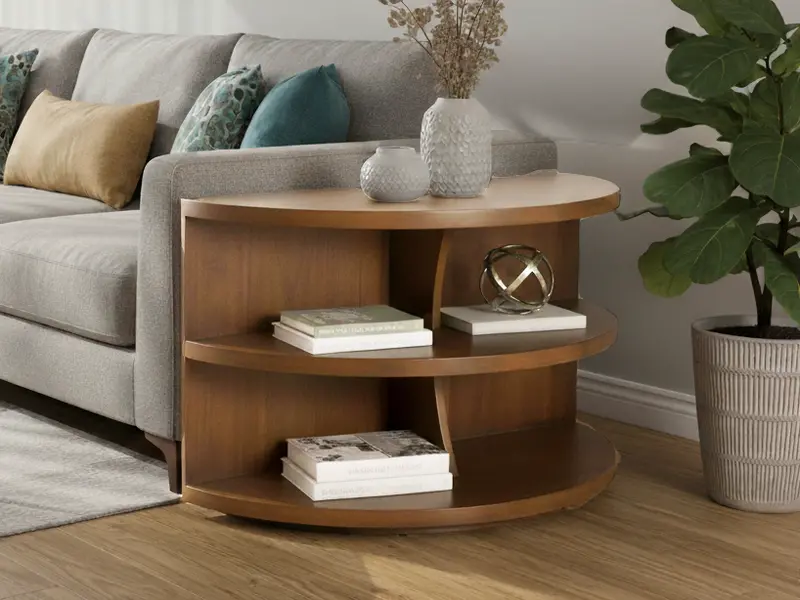 Warm Walnut Half-Moon Sofa Table with Dual Shelves – Compact Accent Furniture