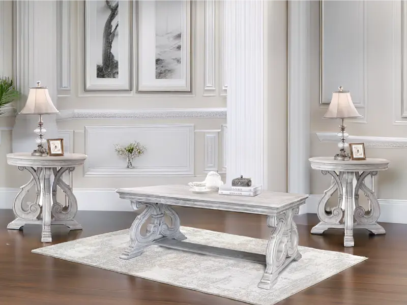 Weathered Gray 3-Piece Scroll-Base Coffee Table Set – Traditional Living Room Collection