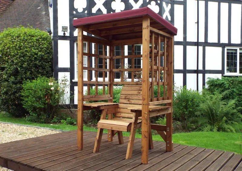 Wentworth Natural Wood Garden Arbour with Burgundy Seat Cushions by Charles Taylor