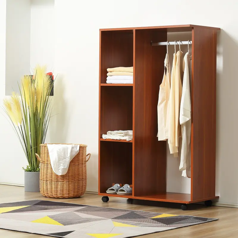 Wheeled Open Wardrobe in Walnut Finish – Modern Bedroom Storage with Hanging Rod & Shelves