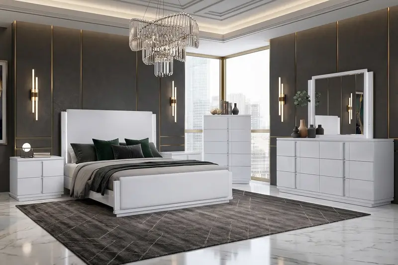White 6-Piece Upholstered Bedroom Set Including LED-Backlit Platform Bed, Dresser, Mirror, and Nightstand
