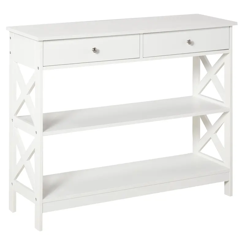 White Console Table with Open Shelving, Drawers, and X-Frame Support – Hallway or Living Room Side Desk