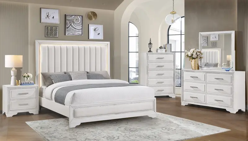 White Contemporary Glam 6-Piece Bedroom Set with LED-Lit Channel Headboard