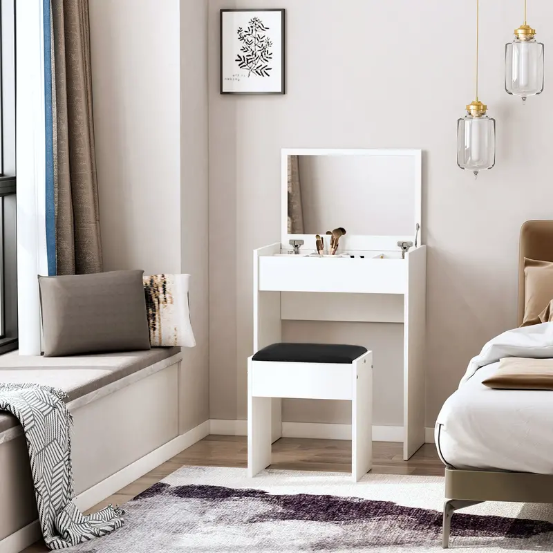 White Dressing Table Set with Padded Stool and Flip-Up Mirror