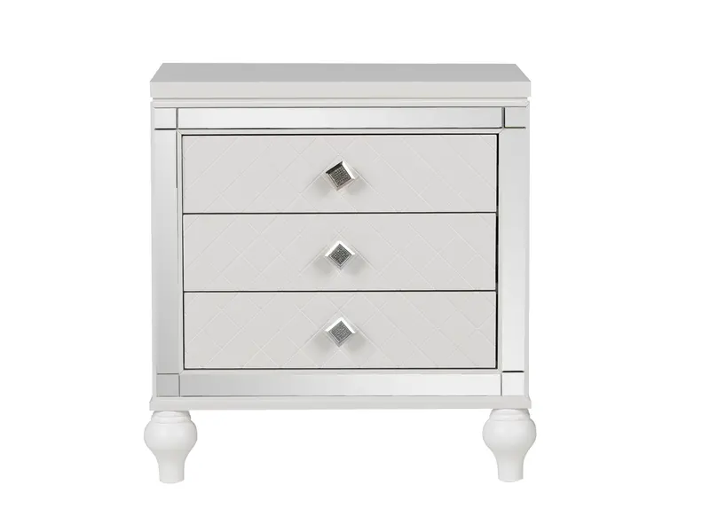 White Glam Nightstand with Diamond-Front Panels and Crystal Knobs