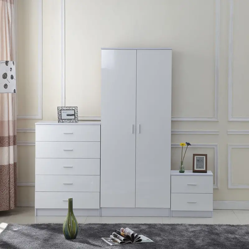 White High-Gloss Bedroom Furniture Trio: Wardrobe, Chest of Drawers & Bedside Table