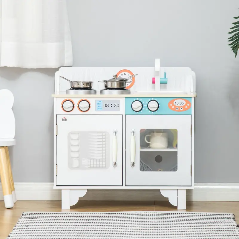 White Kids’ Pretend Kitchen Playset – Sink, Cooking Bench, and Accessories for Ages 3–6
