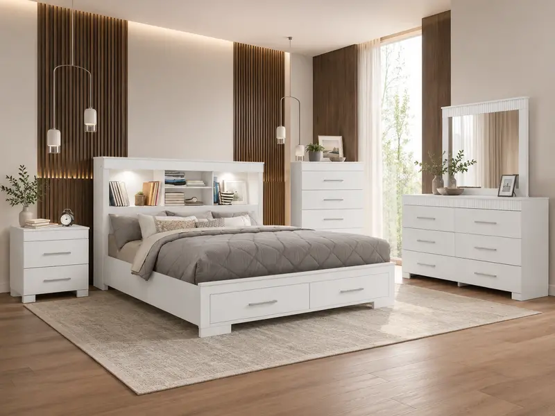 White LED-Enhanced Bookcase Bedroom Set – Includes Bed, Dresser, Mirror, and Nightstand