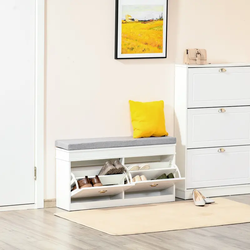 White Shoe Storage Bench with Seat Cushion, Dual Drawers & Cabinet Organization