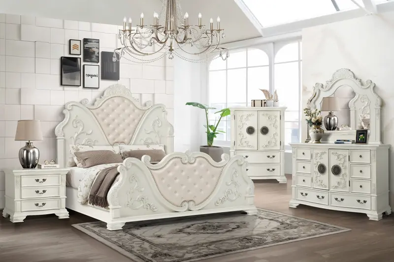 White Tufted 6-Piece Bedroom Suite – Dresser, Mirror & Nightstand