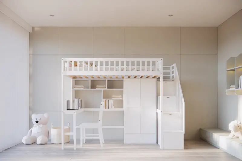 White Twin Loft Bed with Integrated Desk, Bookshelf, Wardrobe, Storage Stairs, and Chair