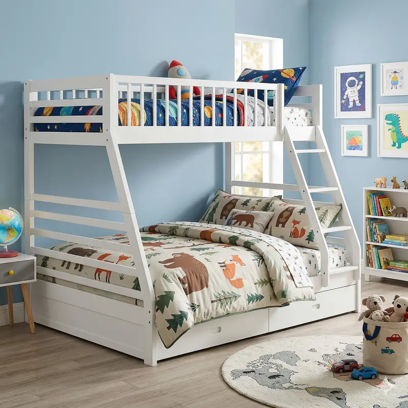White Twin-Over-Full Bunk Bed with Integrated Drawer Storage
